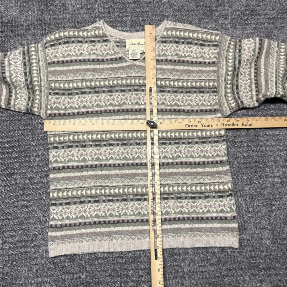 Eddie Bauer Womens Fair Isle Sweater Medium Gray Recycled Wool Pullover‎ Vintage